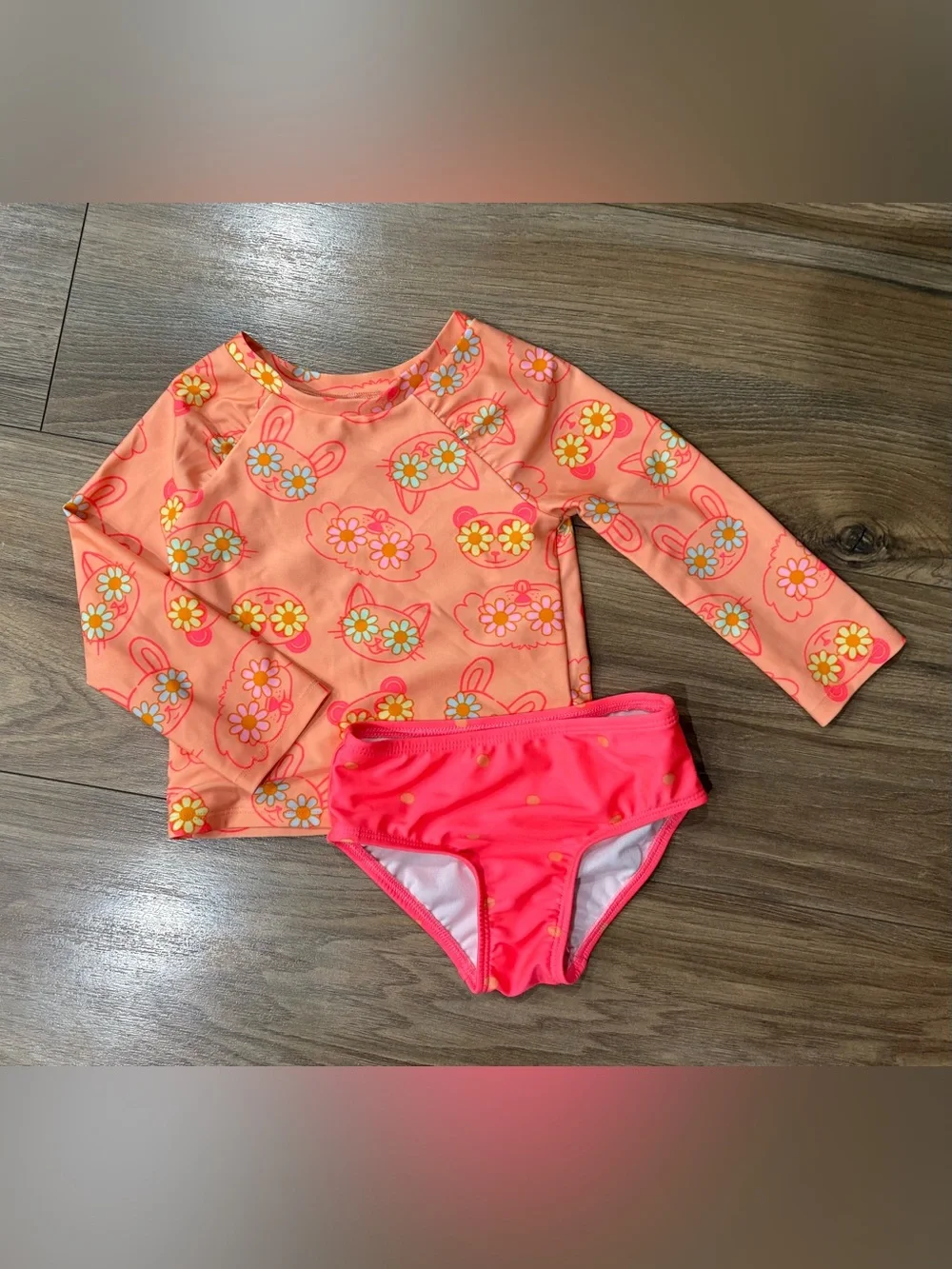 Cat & Jack Girls' Coral Pink Floral Bunny Long Sleeve Rashguard Set